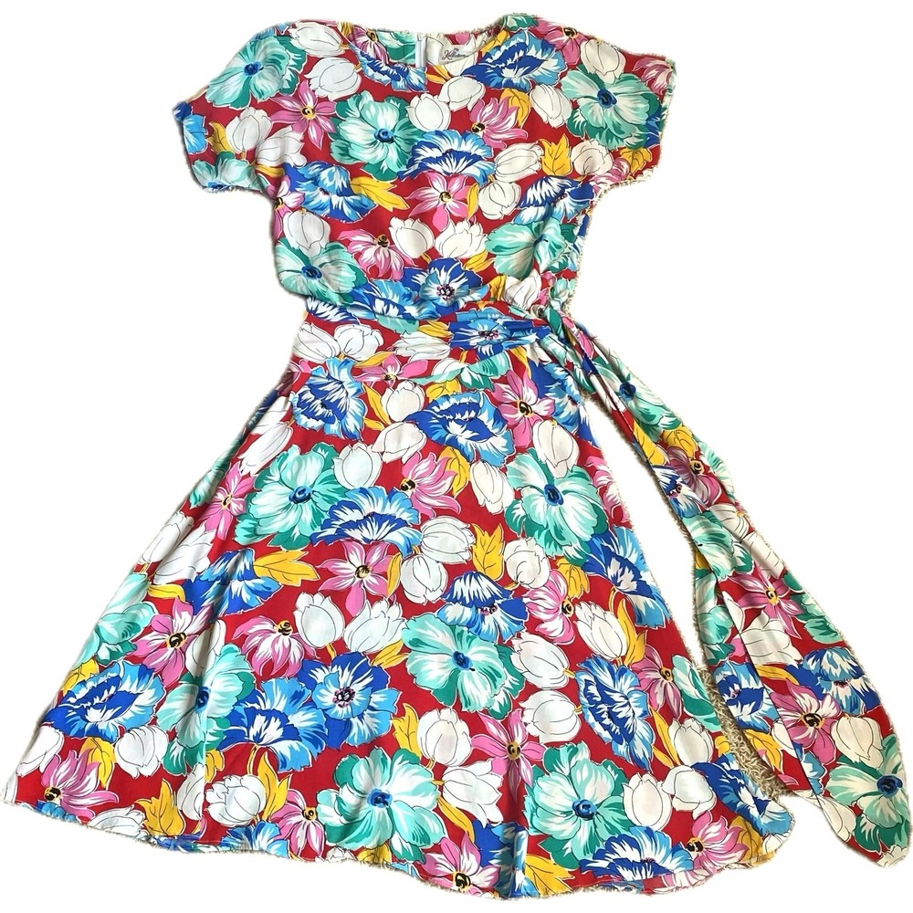 VTG 70s 80s The Kollection Floral Midi Dress SZ 6 Wide Sash Tie Resort Tropical - Picture 5 of 12